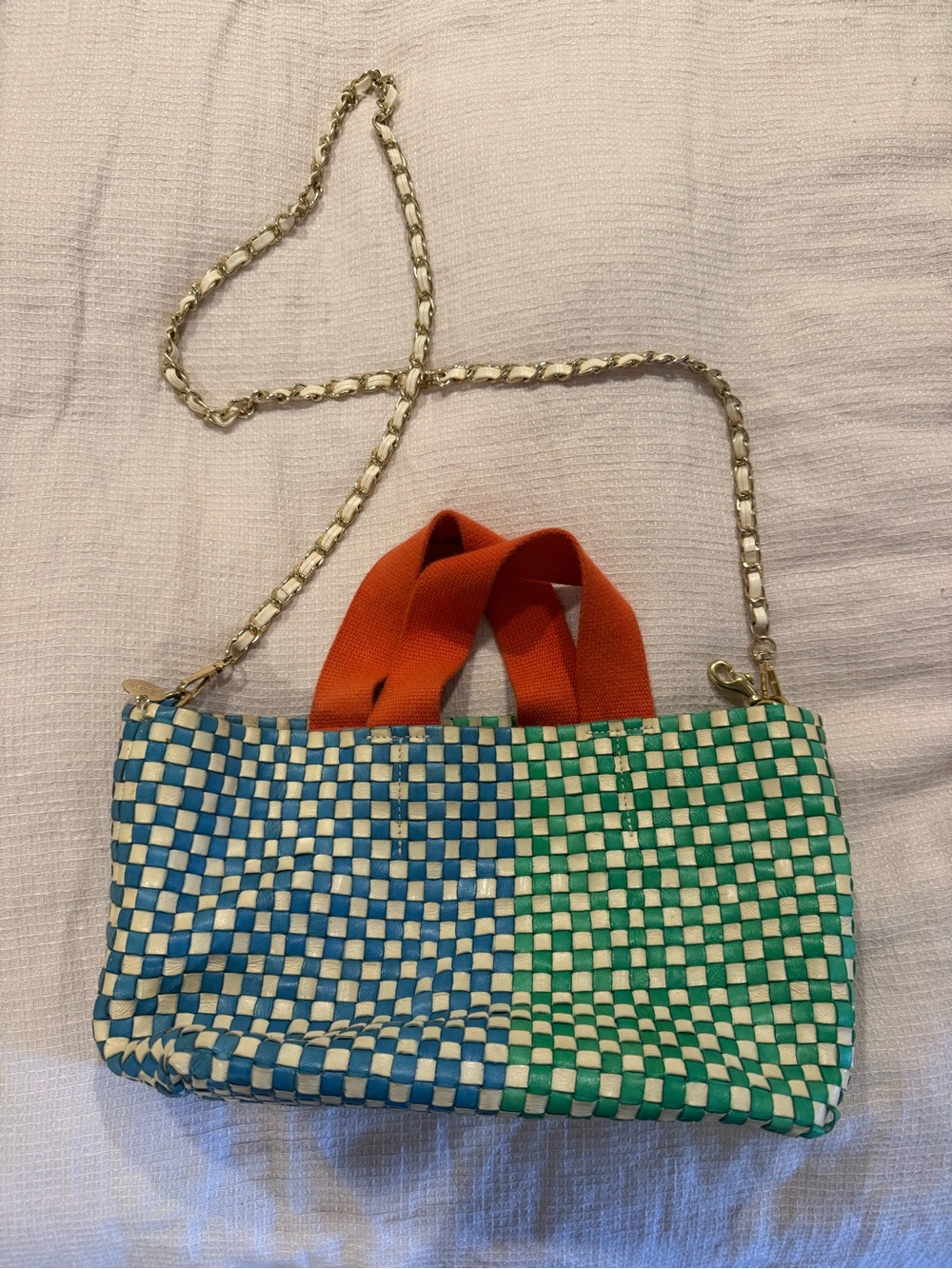 Woven Blue-Green Crossbody Bag with Orange Handles